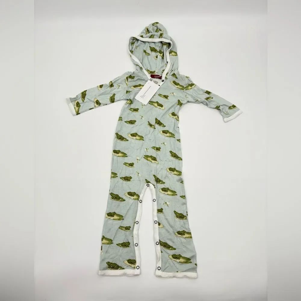 milkbarn | Kids Green Frog Print Hooded One Piece hooded romper